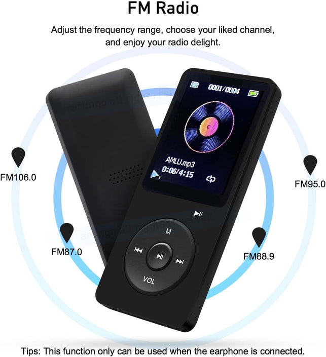 Arungo MP3 Player 32GB with Speaker FM Radio Earphone Portable Hifi Lossless Sound MP3 Mini Music Player Voice Recorder E-Book HD Screen 1.8 Inch Black Support up to 128GB
