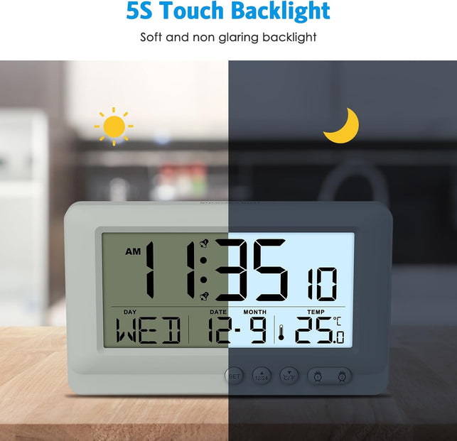 Travel Alarm Clock Battery Operated Digital Alarm Clock for Bedrooms with 2 Alarms, Calender 12/24H 5-Minute Snooze 5-Second Backlight Low Battery Alert -Grey
