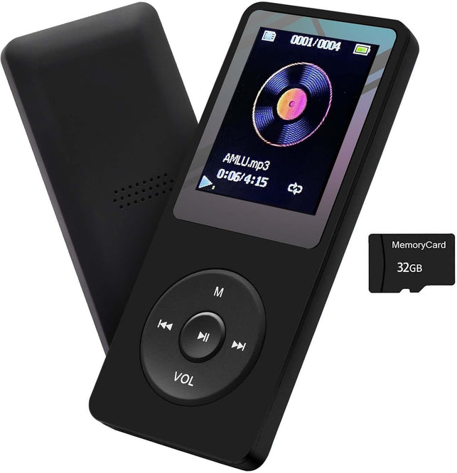 Arungo MP3 Player 32GB with Speaker FM Radio Earphone Portable Hifi Lossless Sound MP3 Mini Music Player Voice Recorder E-Book HD Screen 1.8 Inch Black Support up to 128GB