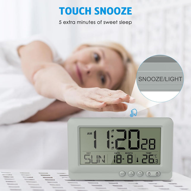 Travel Alarm Clock Battery Operated Digital Alarm Clock for Bedrooms with 2 Alarms, Calender 12/24H 5-Minute Snooze 5-Second Backlight Low Battery Alert -Grey