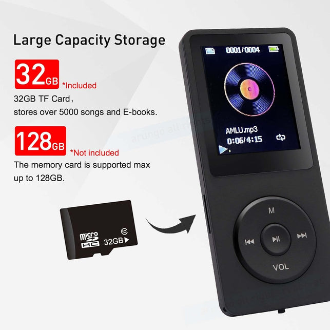 Arungo MP3 Player 32GB with Speaker FM Radio Earphone Portable Hifi Lossless Sound MP3 Mini Music Player Voice Recorder E-Book HD Screen 1.8 Inch Black Support up to 128GB