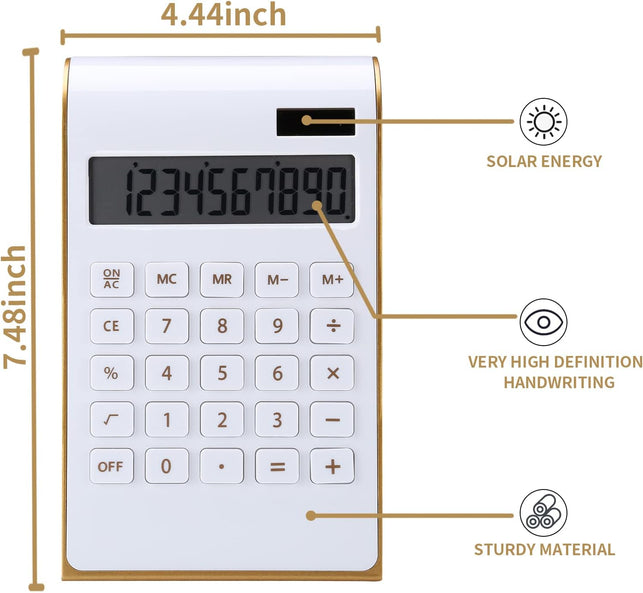 Calculator, Slim Elegant Design, Office/Home Electronics, Dual Powered Desktop Calculator, Solar Power, 10 Digits, Tilted LCD Display, Inclined Design, White (Slim2)