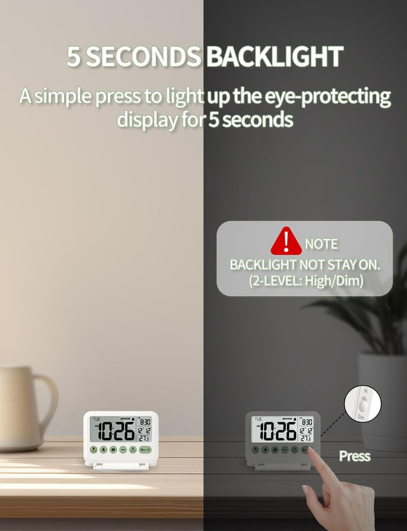 Digital Travel Alarm Clock - 3.54 Inch LCD Display, 9-Minute Snooze, 2 Volume Levels, Backlight, Battery Included (White)
