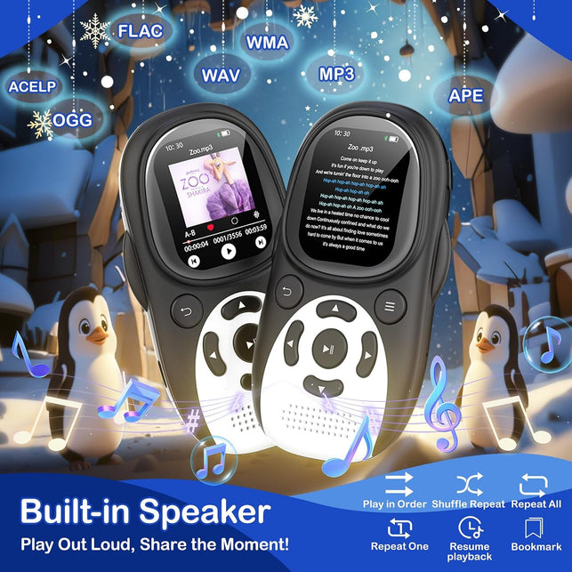 64GB Kids MP3 Player with Bluetooth 5.3, Cute Penguin, Speaker