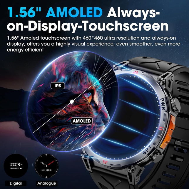 Military Smart Watch for Men Gps/Compass,Gpt,1.56"Amoled Screen,110+ Sports