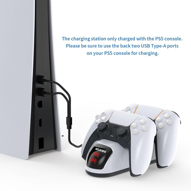 Nexigo Enhanced PS5 Controller Charger, Dual Charing Station with LED Indicator, High Speed, Fast Charging Dock for Playstation 5 Dualsense Controller, White