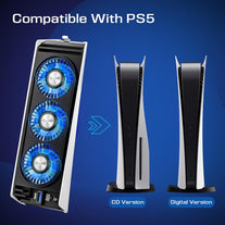 Honghao Cooling Fan for PS5 Accessories,With 3 Blue LED Light/ 2 USB 3.0 Ports / 2 Fan Speed,Compatible with Playstation 5 Console Digital/Cd Version, High Efficiency PS5 Cooler Station(Black)