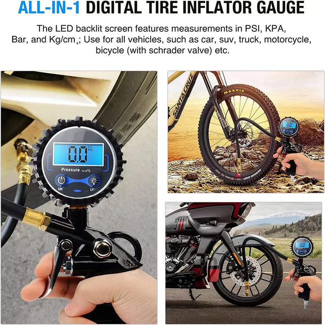Digital Tire Pressure Gauge with Inflator, 250 PSI Air Chuck and Compressor Accessories Heavy Duty with Quick Connect Coupler, 0.1 Display Resolution for Car, SUV, Truck, Motorcycle, RV