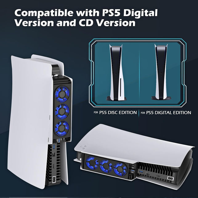 For PS5 Cooling Fan with Led Light,Quiet Efficient Cooling Accessories for PS5 HUIJUTCHEN Upgraded Cooler Fan for Playstation 5 Disc/Digital with USB 3.0 Port,2 Level Speed (Not for PS5 Slim/Pro)