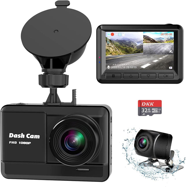 Dash Cam Front and Rear, Mini Dash Cam 1080P Full HD with 32GB SD Card, 2.45 Inch IPS Screen, 2 Mounting Ways, Night Vision, WDR, Accident Lock, Loop Recording, Parking Monitor