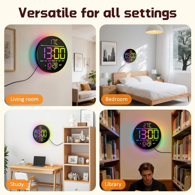 10 Inch(25Cm) Digital Wall Clock with Temperature & Date, Large LED Digits, Auto DST, RGB Display, Seconds, Auto Dimming, Alarm & Countdown for Gym, Bedroom & Office