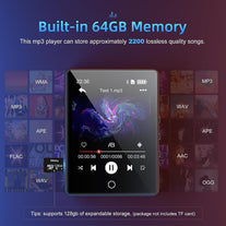 64GB Mp3 Player with Bluetooth 5.0, 2.8" Full Touch Screen Mp4 Music Player, Portable Digital Lossless Media Player with FM Radio Speaker for Kids, up to 128GB, Protective Case Headphones Included