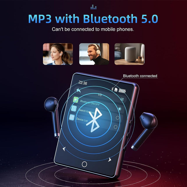64GB Mp3 Player with Bluetooth 5.0, 2.8" Full Touch Screen Mp4 Music Player, Portable Digital Lossless Media Player with FM Radio Speaker for Kids, up to 128GB, Protective Case Headphones Included