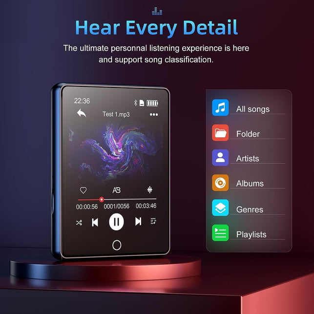 64GB Mp3 Player with Bluetooth 5.0, 2.8" Full Touch Screen Mp4 Music Player, Portable Digital Lossless Media Player with FM Radio Speaker for Kids, up to 128GB, Protective Case Headphones Included