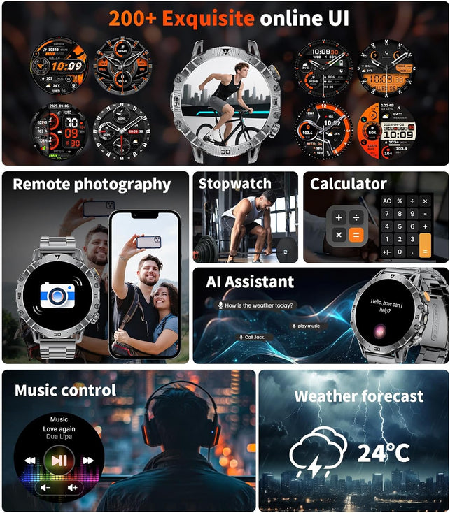 EF18 Military Smart Watch for Men, 1000 Mah Large Battery, 1.7″ HD Smartwatch with LED Flashlight/100+ Sport Modes Fitness Tracker, IP68 Waterproof Smart Watches for Android Ios (3 Straps)