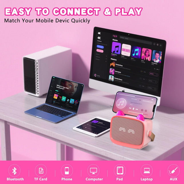 Mgaolo Upgraded Mini Karaoke Machine Toy for Kids, Portable Bluetooth Speaker with 2 Wireless Mics, Emoji & Colorful LED Lights, Home Travel & Party Play Gifts for Boys Girls (Pink)