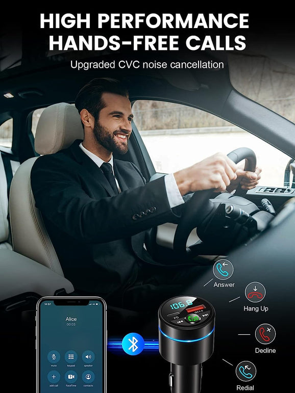 RIWUSI FM Transmitter for Car Bluetooth 5.3, [All-Metal] PD 30W & QC3.0 18W Fast Car Charger, Wireless FM Radio Car Kit Bluetooth Car Adapter, Noise Cancelling Hands-Free Call, Blue Light - Black