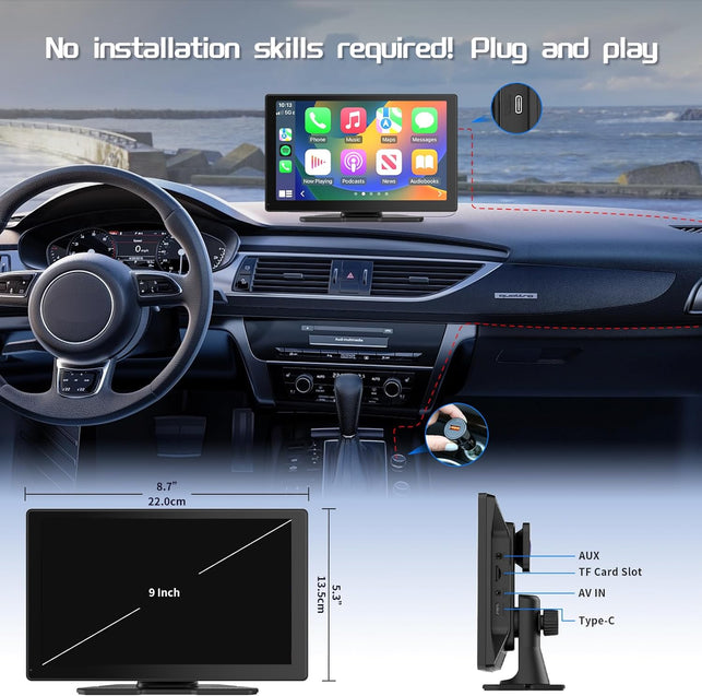 Spedal CL811 Car Play Screen with 2K Dash Cam, 1080P Backup Camera, 9" Wireless Apple Carplay ＆ Android Auto Portable Car Stereo, GPS Navigation, Car Audio Receivers with Bluetooth,Mirror Link, AUX/FM