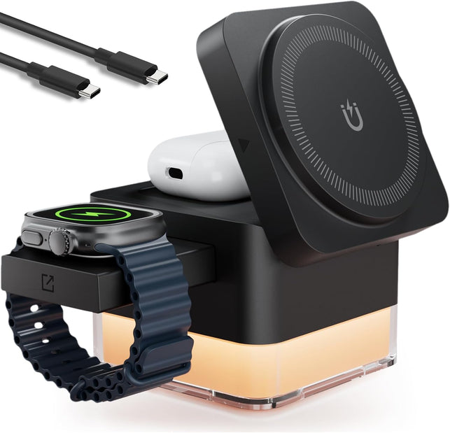 Roccar 4 in 1 Magnetic Wireless Charging Station,Wireless Charger Stand with Night-Lamp,3-In-1 Charger Dock for Iphone 16/15/14/13 Pro Max,Apple Watch, Airpods & Multiple Devices