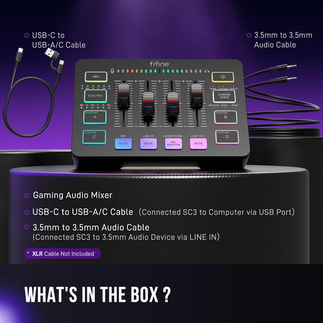 FIFINE Gaming Audio Mixer, Streaming RGB PC Mixer with XLR Microphone Interface, Individual Control, Volume Fader, Mute Button, 48V Phantom Power, for Podcast/Recording/Vocal/Game Voice-Ampligame SC3