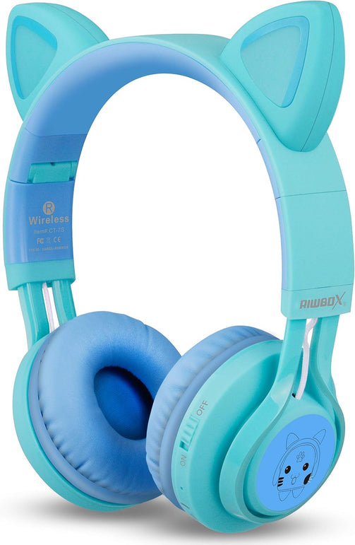 Riwbox Kids Headphones, CT-7S Cat Ear Bluetooth Headphones 85Db Volume Limiting,Led Light up Kids Wireless Headphones over Ear with Microphone for Laptop/Pc/Tv(Blue&Green)