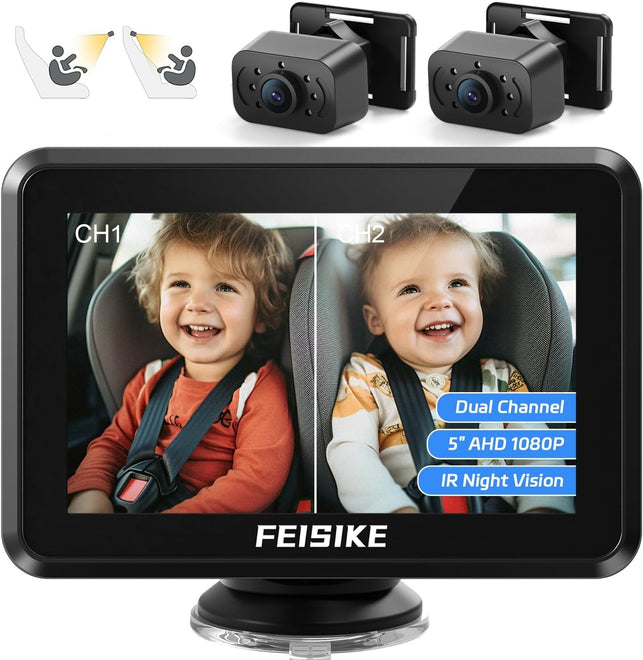 FEISIKE Baby Car Camera, 1080P Dual-Channel 5 Inch Display Baby Car Mirror with 2 IR Night Vision Camera, Easily Install Car Camera for Baby with Crystal Clear Wide View for Rear Facing Seat