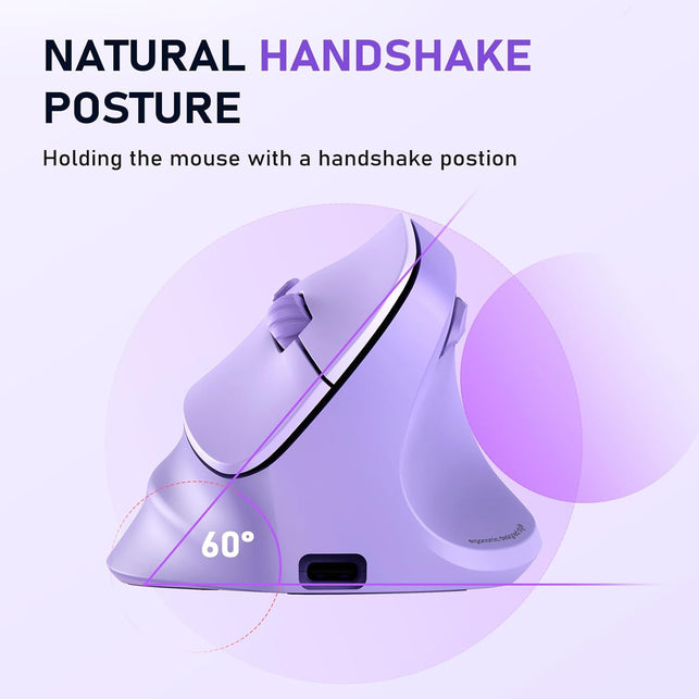 MEETION Ergonomic Mouse, Wireless Vertical Mouse RGB Backlit Rechargeable Mice for Bluetooth(5.2 + 3.0) & USB-A with USB-C Adapter 4 Adjustable DPI Compatible Mac/Windows/Andriod/Pc/Tablet/Ipad Purple