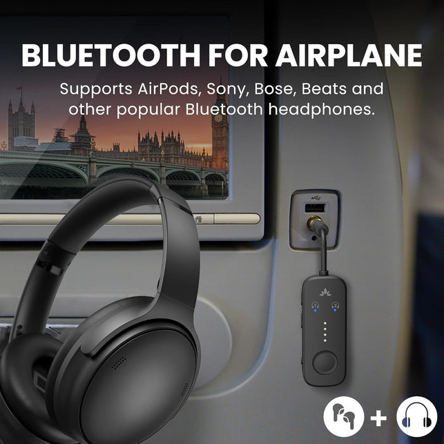 Avantree Relay - Premium Airplane Bluetooth Adapter with Advanced Qualcomm Chipset, 2 Headphones Support, 25Hrs Play Time, Aptx Adaptive & HD Audio Transmitter for Airpods, Bose & Travel Flight