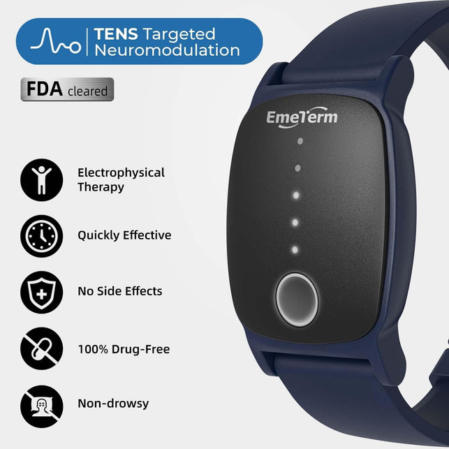 Emeterm Explore Navy Blue Anti-Nausea Wristband IP67 Waterproof Morning Motion Travel Sickness Vomit Relief Rechargeable Classic Strap Design No Gel Drug Free without Side Effects