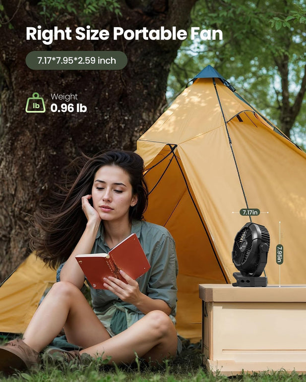 Gaiatop Portable Camping Fan with LED Lantern, 360°Rotation and Clip on for Desk, 4000Mah USB Rechargeable Battery Powered, Digital Display and Hanging Hook for Tent Outdoor Travel Black