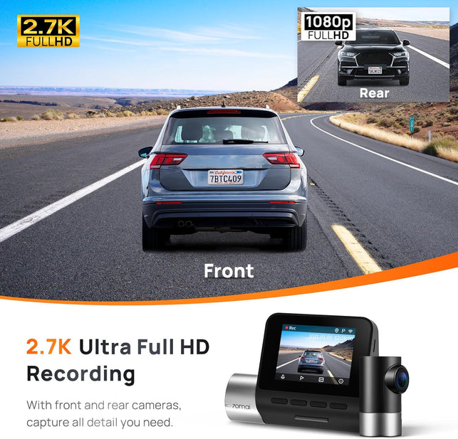 70Mai True 2.7K 1944P Ultra Full HD Dash Cam A500S, Front and Rear, Built-In Wifi GPS Smart Dash Camera for Cars, ADAS, Sony IMX335, 2'' IPS LCD Screen, WDR, Night Vision