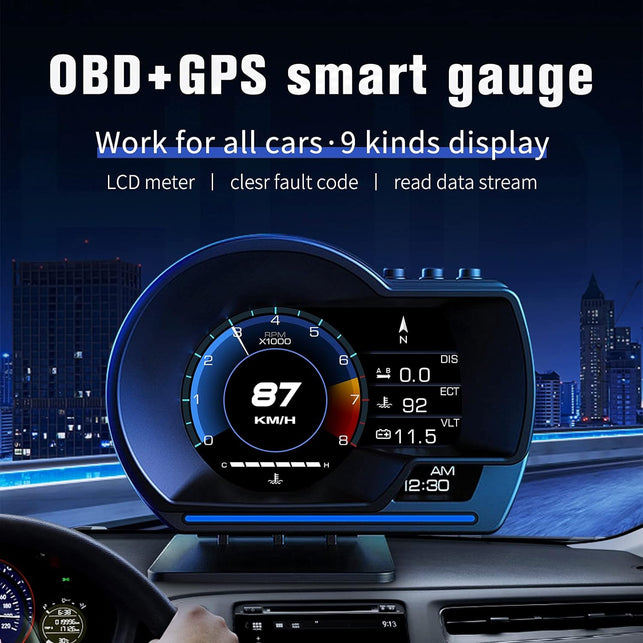 Car HUD Head up Display P6, OBD+GPS Smart Gauge, Works Great for Most Cars (Black)