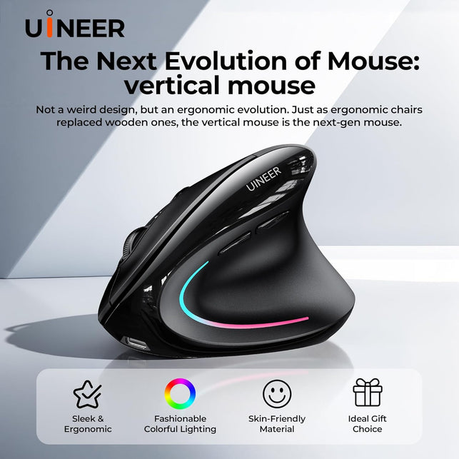 Uineer Ergonomic Wireless Vertical Mouse - Tri - Color Breathing Lights, BT5.0/4.0/2.4G Bluetooth, Rechargeable with Battery Indicator - Ideal for Home & Office (Black)