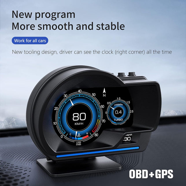 Car HUD Head up Display P6, OBD+GPS Smart Gauge, Works Great for Most Cars (Black)