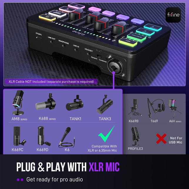 FIFINE Gaming Audio Mixer, Streaming RGB PC Mixer with XLR Microphone Interface, Individual Control, Volume Fader, Mute Button, 48V Phantom Power, for Podcast/Recording/Vocal/Game Voice-Ampligame SC3