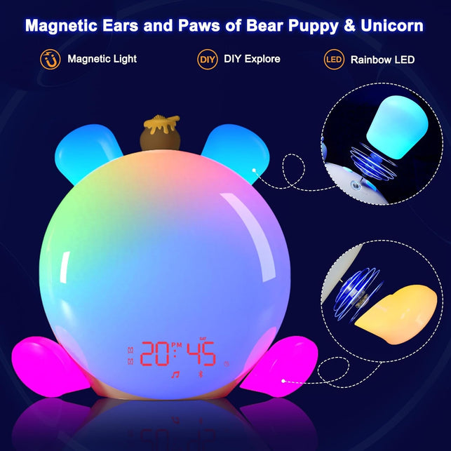 Aurora Sunrise Alarm Clock with 3 Free Magnetic Pet Kit, Wake-Up Light, Bluetooth Speaker, Backlit, Eye-Friendly Sleep Aid, Dimmable, Dual Alarms, Natural Sound, Kid, Child, Teenager, DIY, X-Mas Gift