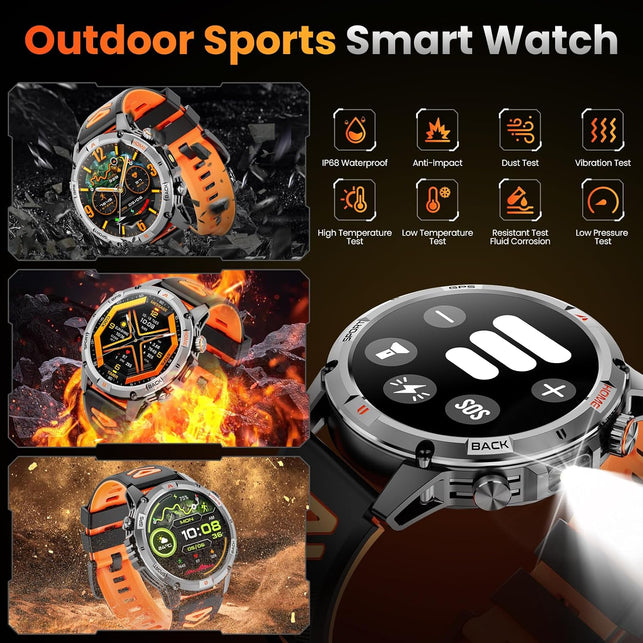 Military Smart Watch(Answer/Make Call), GPS Smartwatch for Men with LED Flashlight Compass, 1.46" HD Fitness Tracker Watch with 100+ Sport Modes, Rugged Smart Watches Compatible for Iphone (Black)