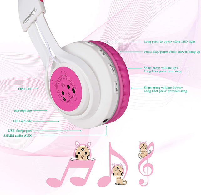 Riwbox CT-7 Cat Ear Bluetooth Headphones, LED Light up Bluetooth Wireless over Ear Headphones with Microphone and Volume Control for Travel/School/Smartphones/Laptop/Pc/Tv