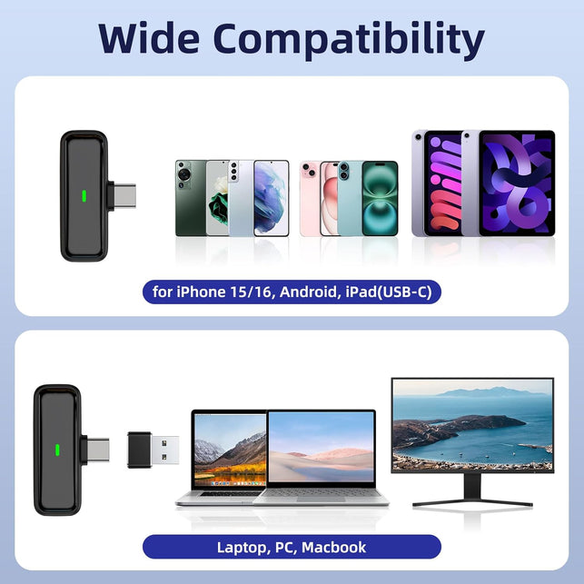 Wireless USB Microphone for PC Laptop Iphone 16/15 Android Phone - Noise Canceling Lapel Lavalier Mic with 24H Charging Case for Video Recording Vlog Tiktok Podcast Live Streaming (USB & USBC)