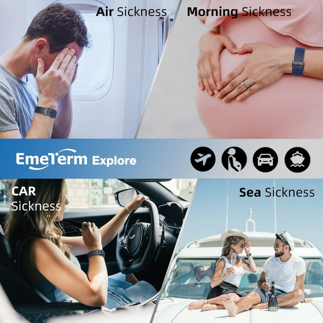 Emeterm Explore Navy Blue Anti-Nausea Wristband IP67 Waterproof Morning Motion Travel Sickness Vomit Relief Rechargeable Classic Strap Design No Gel Drug Free without Side Effects