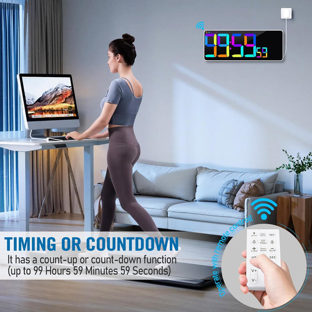 13.7" RGB LED Digital Wall Clock with Remote, Powered by AAA LR03 Batteries, Adjustable Brightness Timer for Home Office