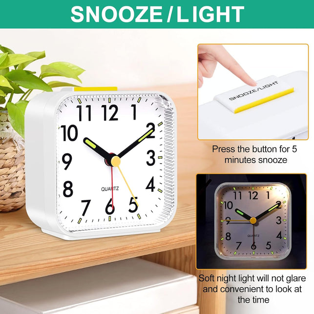 Alarm Clock, Silent Alarm Clocks Bedside Non Ticking Table Clocks Bedside Clock Battery Powered Large Display Snooze Light Clocks for Heavy Sleepers Kids Bedrooms Office Travel White