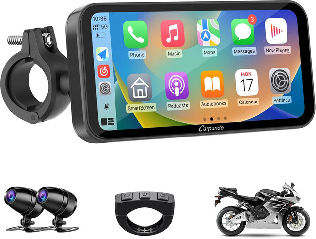 Carpuride W603D Motorcycle GPS Carplay Screen, Wireless Carplay & Android Auto for Moto, with HD 1080P Dual Cameras, Remote Control，6.3" Waterproof Touchscreen, BT Trans, Loop Recording, Navigation
