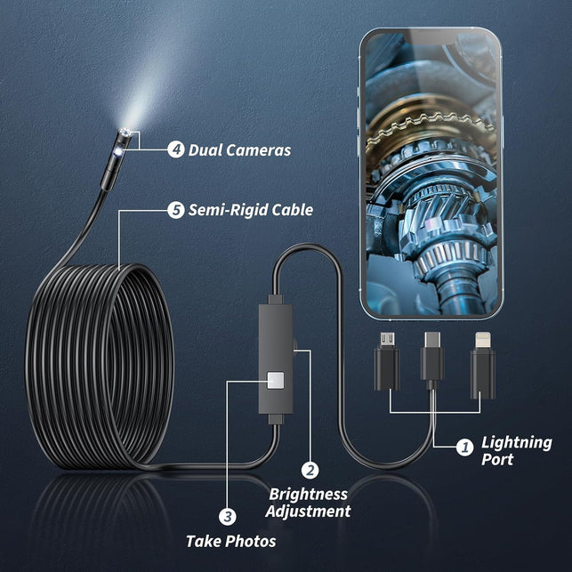 Endoscope Camera with Light,1920P HD Borescope Tools with 8 Adjustable LED Lights, Endoscope with Semi-Rigid Snake Camera, IP67 Waterproof Inspection Borescope for Ios and Android-16.4Ft Dual-Lens