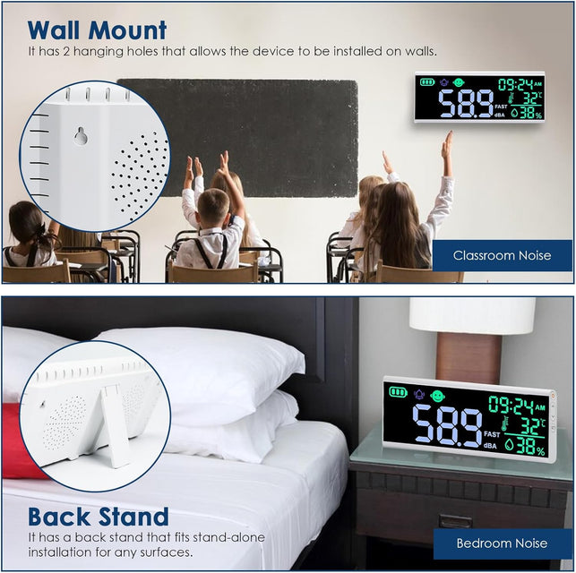 13 Inch Decibel Meter - Wall Hanging Sound Level Meter with Large LED Display, Noise, Temperature, Humidity, Time Monitor for Classroom