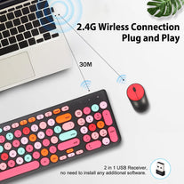 Wireless Keyboard and Mouse Combo, Retro Typewriter Wireless Keyboard with round Keycaps, 2.4Ghz Full-Size USB Cute Mouse for Desktop, Laptop and Computer (Black-Colorful)