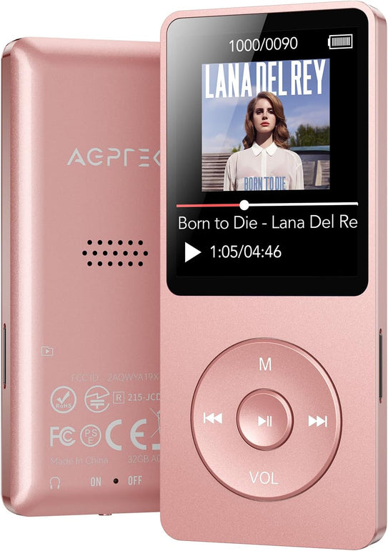 AGPTEK A02 32GB MP3 Player with Bluetooth 5.3, 1.8 Inch Screen Portable Music Player with Speaker, FM Radio, Voice Recorder, Supports Expanded up to 128GB (Rose Gold, 32GB)