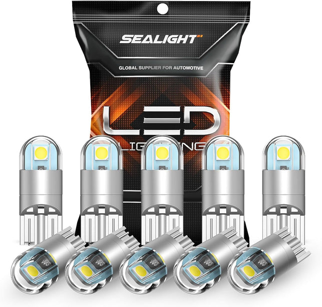 SEALIGHT 194 LED Bulbs 6000K White, 168 2825 T10 W5W 3030 Bright Chips, Dome Light, Map Door Courtesy License Plate Pack of 10