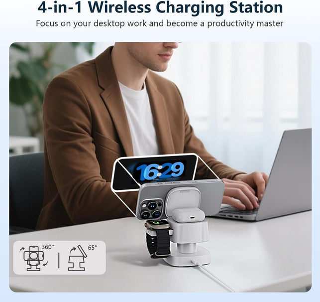 【2026 Upgraded】4 in 1 Wireless Charger, 3 in 1 Wireless Charging Station with Night Light for Magsafe Charger, 15W Magnetic Travel Stand for Iphone17/Air/Pro/Max/16/15/14/13/12, Apple Iwatch, Airpods