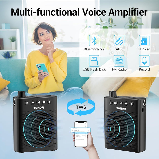 TONOR Voice Amplifier for Teachers, 15W Bluetooth Voice Amplifier with Wireless Headset Mic, Portable Megaphone Speaker Rechargeable PA System 82Ft for Teaching, Speaking, Fitness Instructors K11